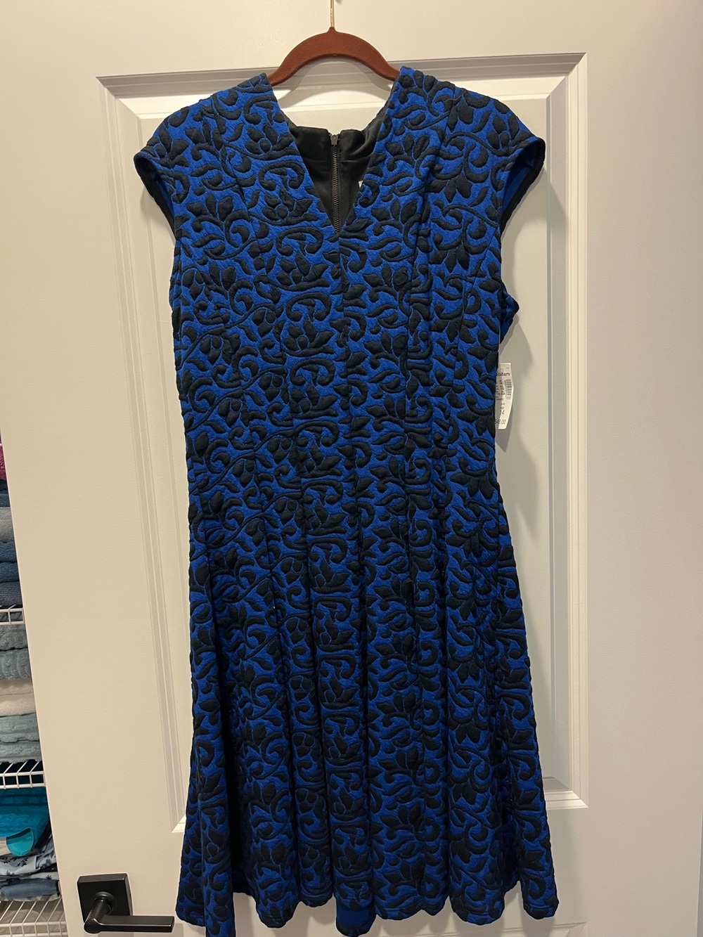 Dress Barn Blue and Black Flocked Floral Fit and Flare Jacquard Dress